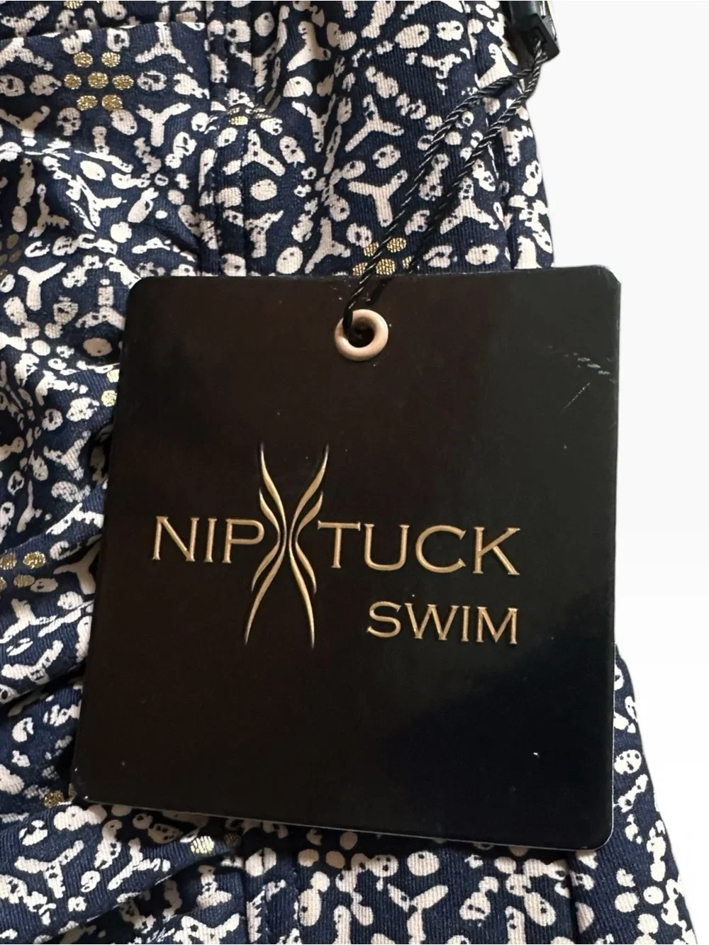 Nip Tuck Swim One Piece Swimsuit 10 Navy Gold Ruched Tummy Control NWT